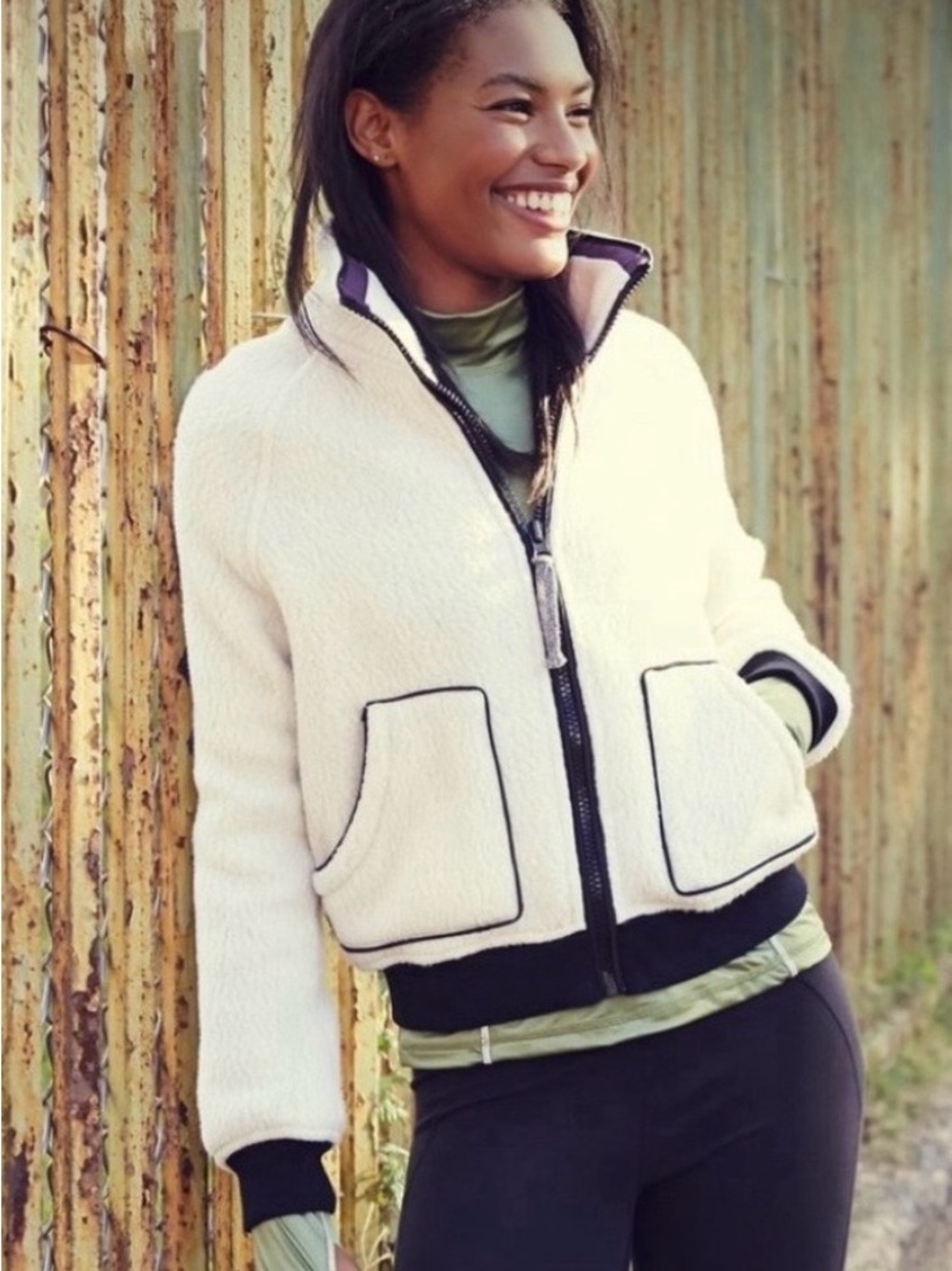 Free People Movement Cozy Cream Sherpa Zip Jacket with Black Trim Size XS